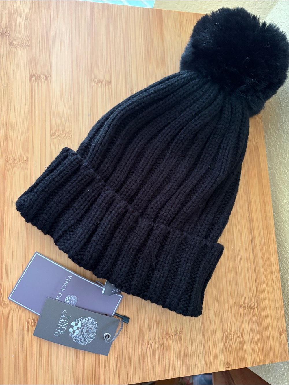 Vince Camuto black  knit faux  fur pom beanie